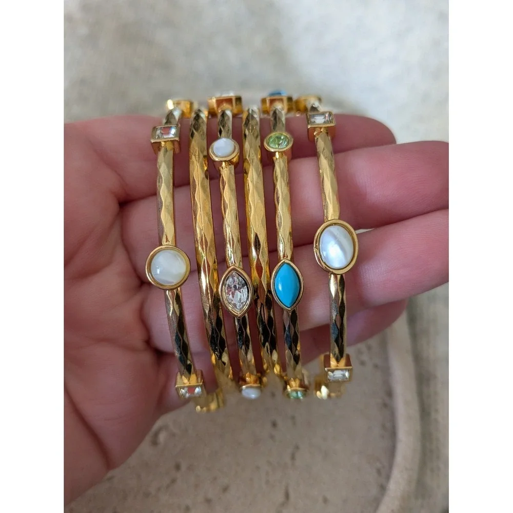 Bangle Bracelet Set Of 6 In Gold Tone With Bezeled Rhinestones Heavyweight